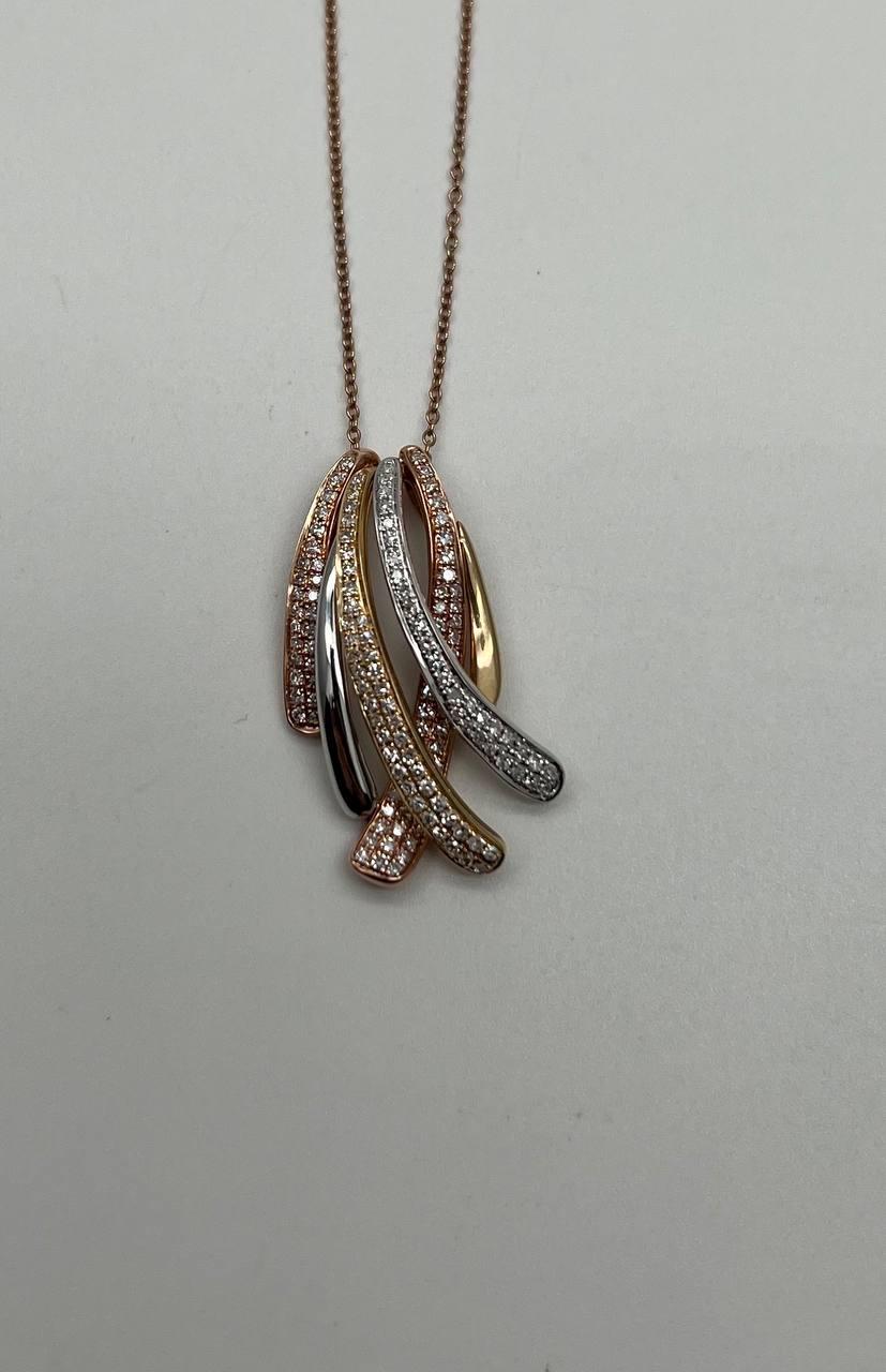 Tri Triple Tone Diamond Pave Waves 14K White Yellow Rose Gold Pendant Necklace