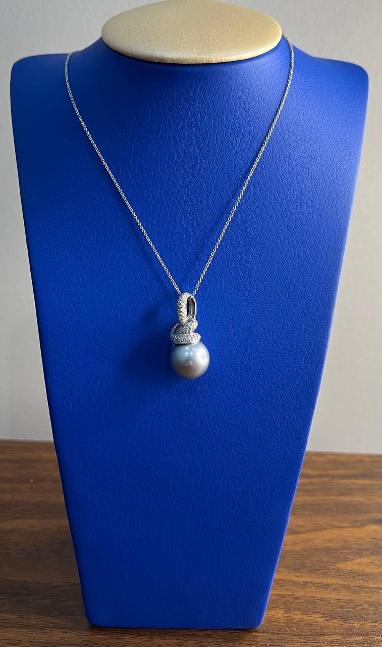Silver Grey Black Tahitian Pearl Diamonds Halo 14K White Gold Pendant Necklace