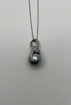 Silver Grey Black Tahitian Pearl Diamonds Halo 14K White Gold Pendant Necklace