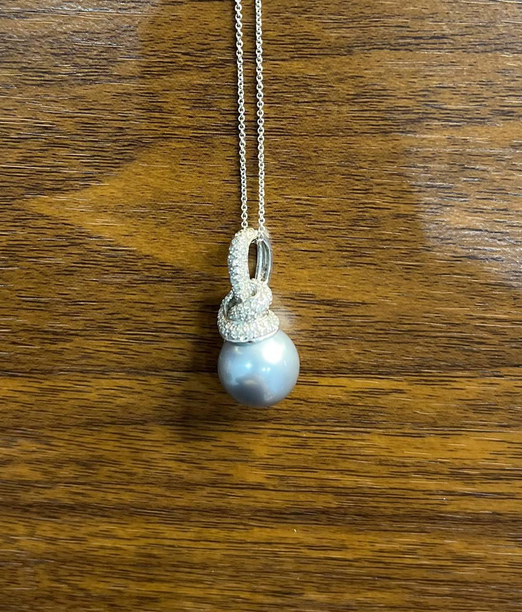 Silver Grey Black Tahitian Pearl Diamonds Halo 14K White Gold Pendant Necklace