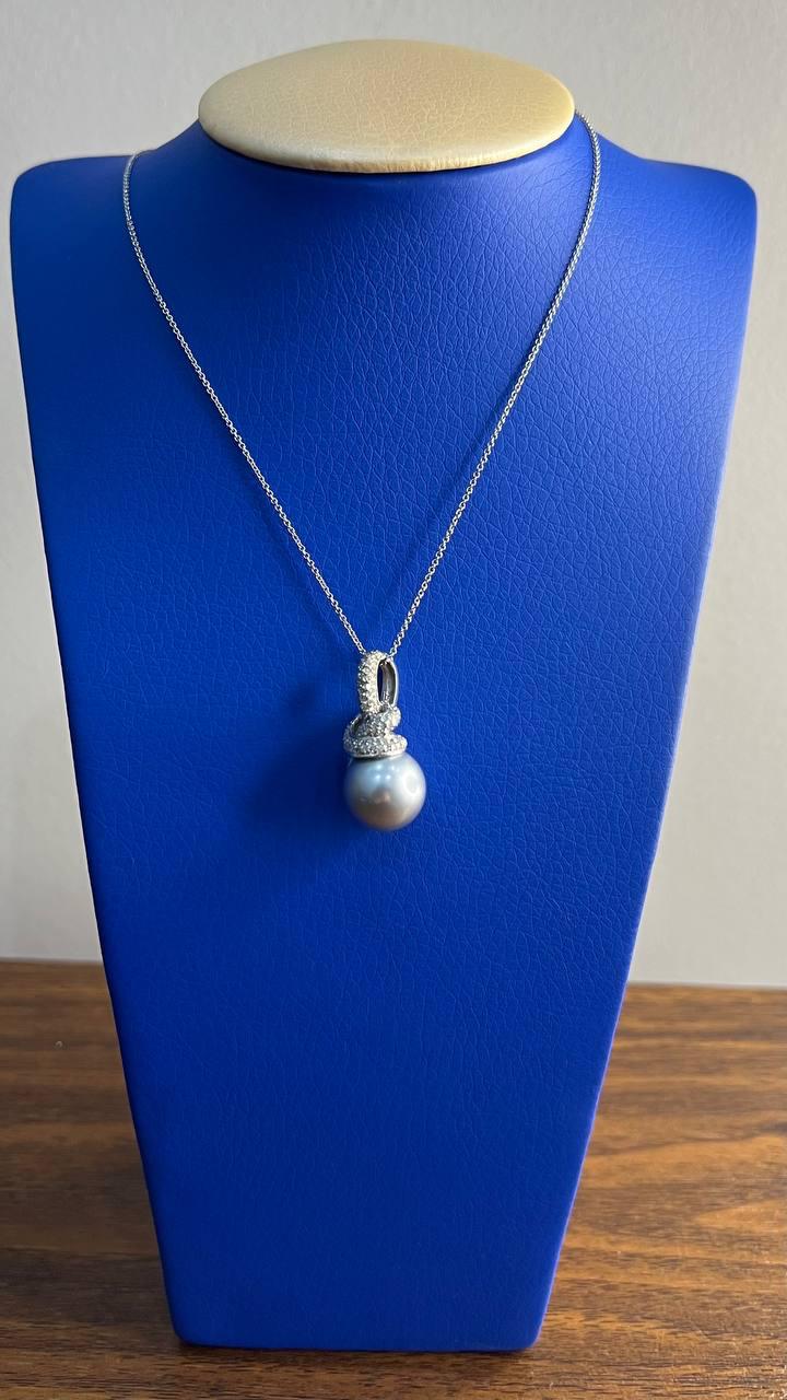 Silver Grey Black Tahitian Pearl Diamonds Halo 14K White Gold Pendant Necklace