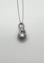 Silver Grey Black Tahitian Pearl Diamonds Halo 14K White Gold Pendant Necklace