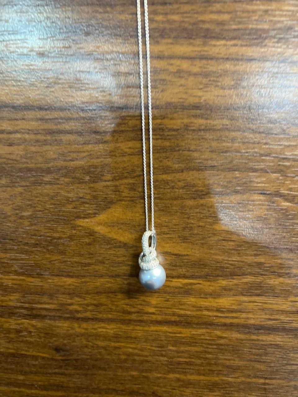 Silver Grey Black Tahitian Pearl Diamonds Halo 14K White Gold Pendant Necklace