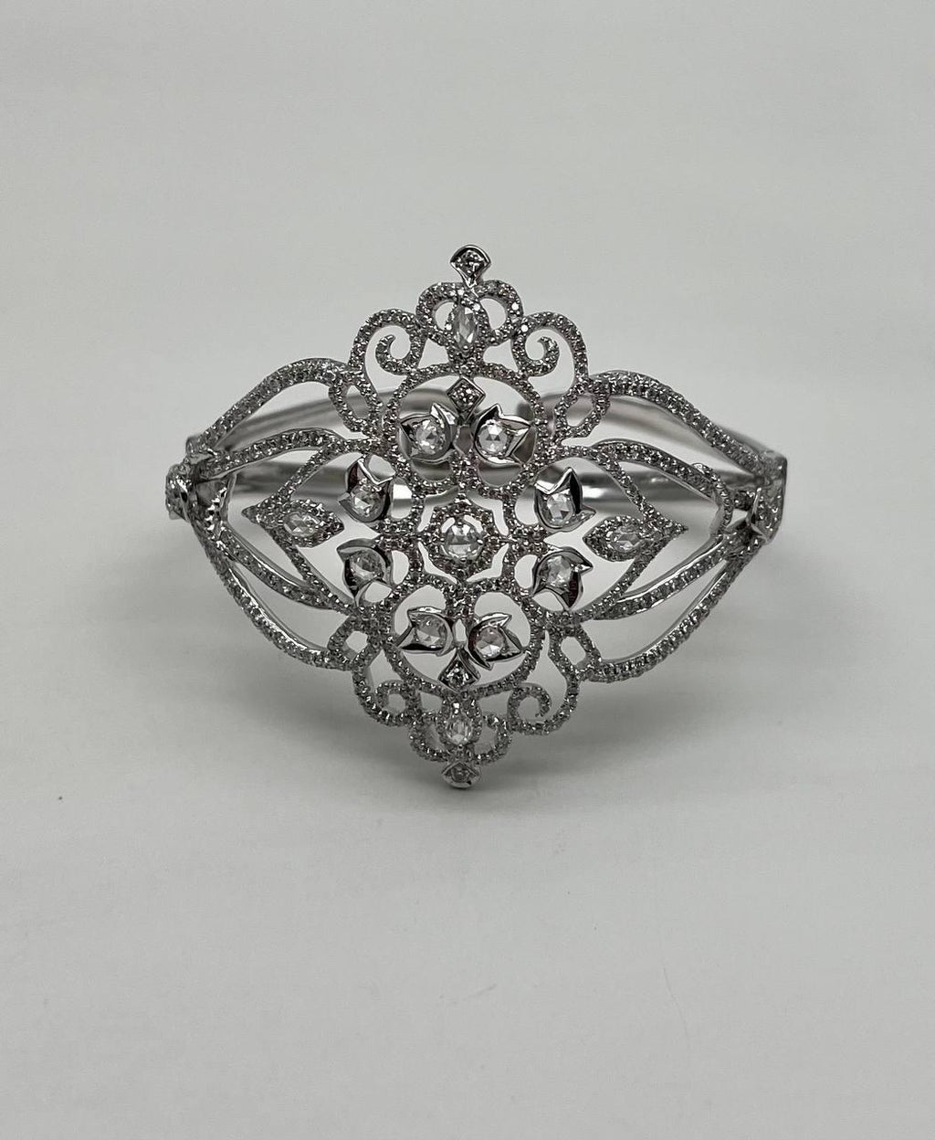 Diamonds Scroll Symbol Motifs Emblem 18K White Gold Statement Bangle Bracelet