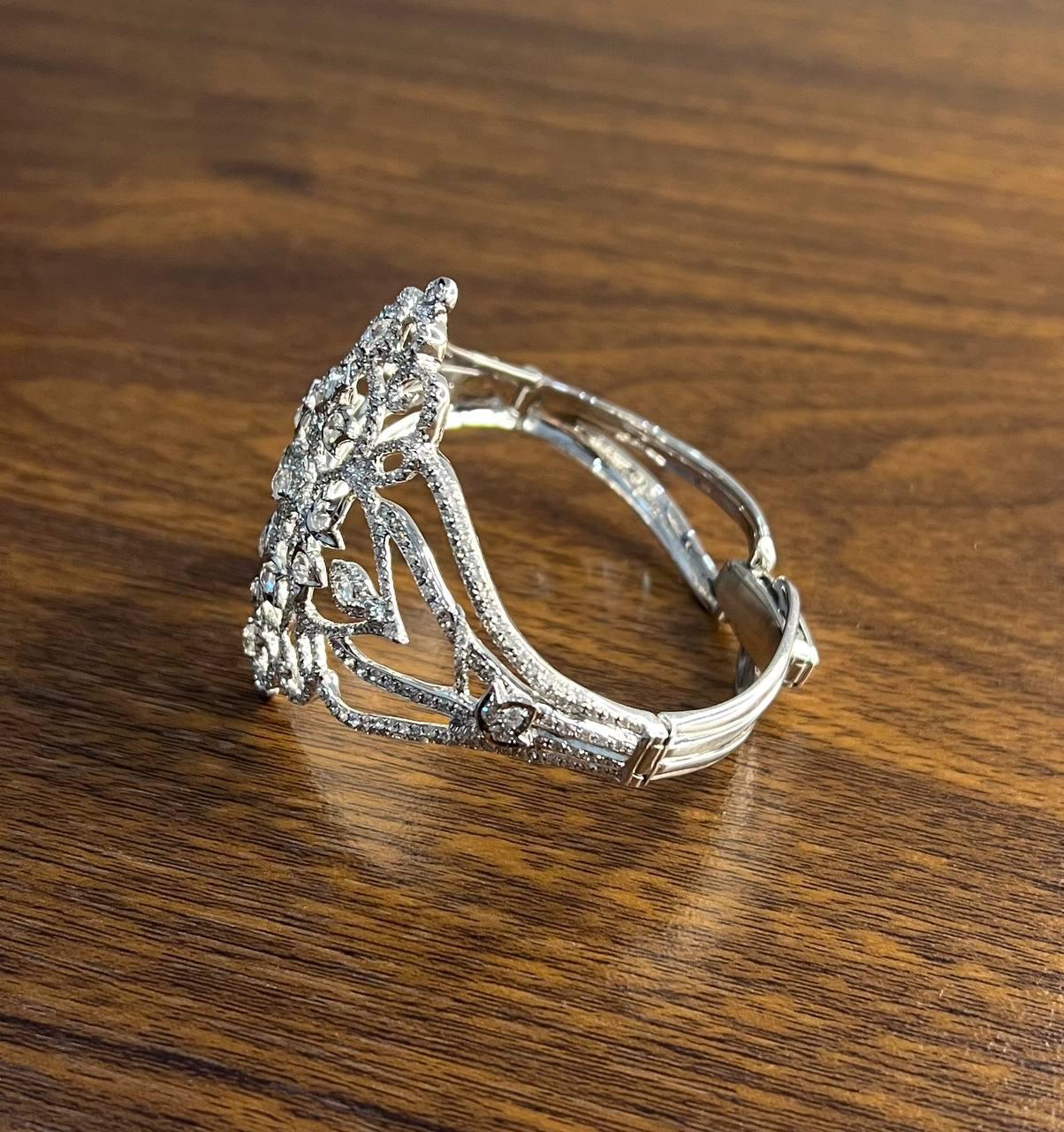 Diamonds Scroll Symbol Motifs Emblem 18K White Gold Statement Bangle Bracelet