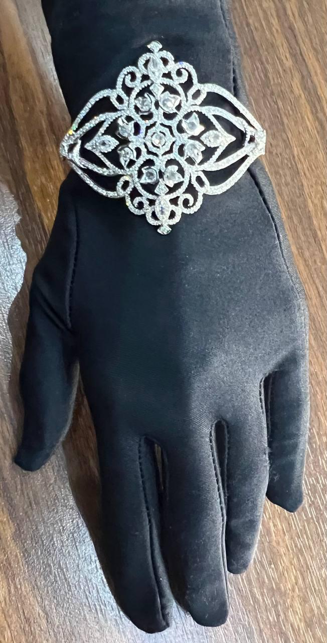 Diamonds Scroll Symbol Motifs Emblem 18K White Gold Statement Bangle Bracelet