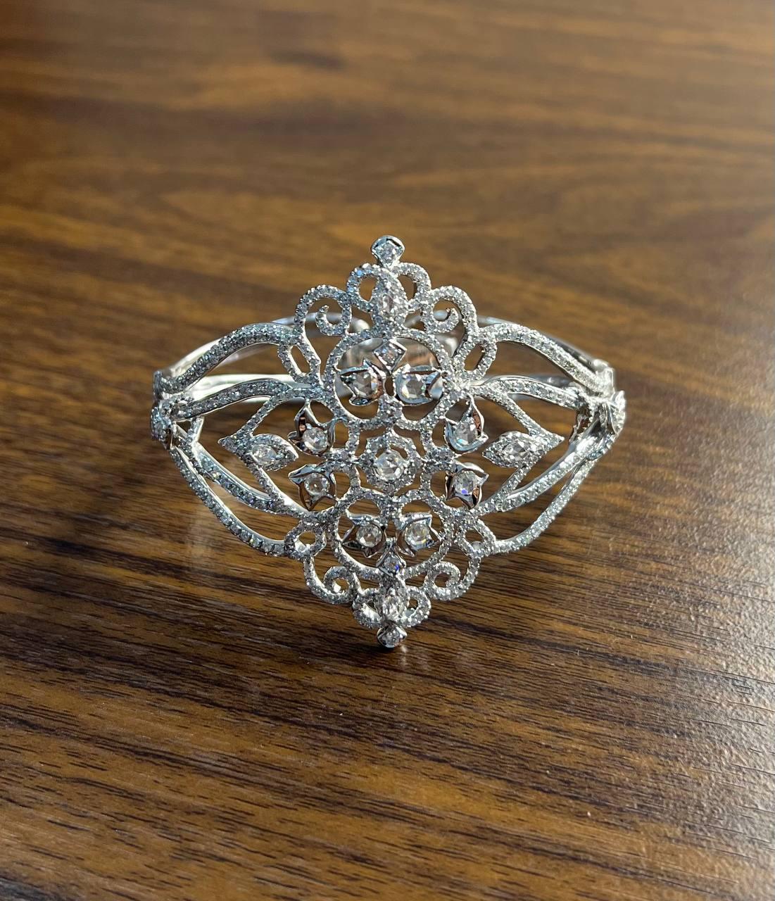 Diamonds Scroll Symbol Motifs Emblem 18K White Gold Statement Bangle Bracelet