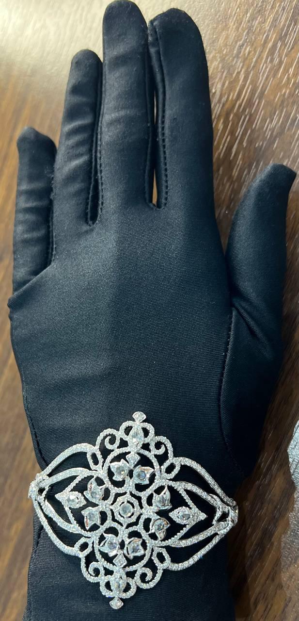 Diamonds Scroll Symbol Motifs Emblem 18K White Gold Statement Bangle Bracelet