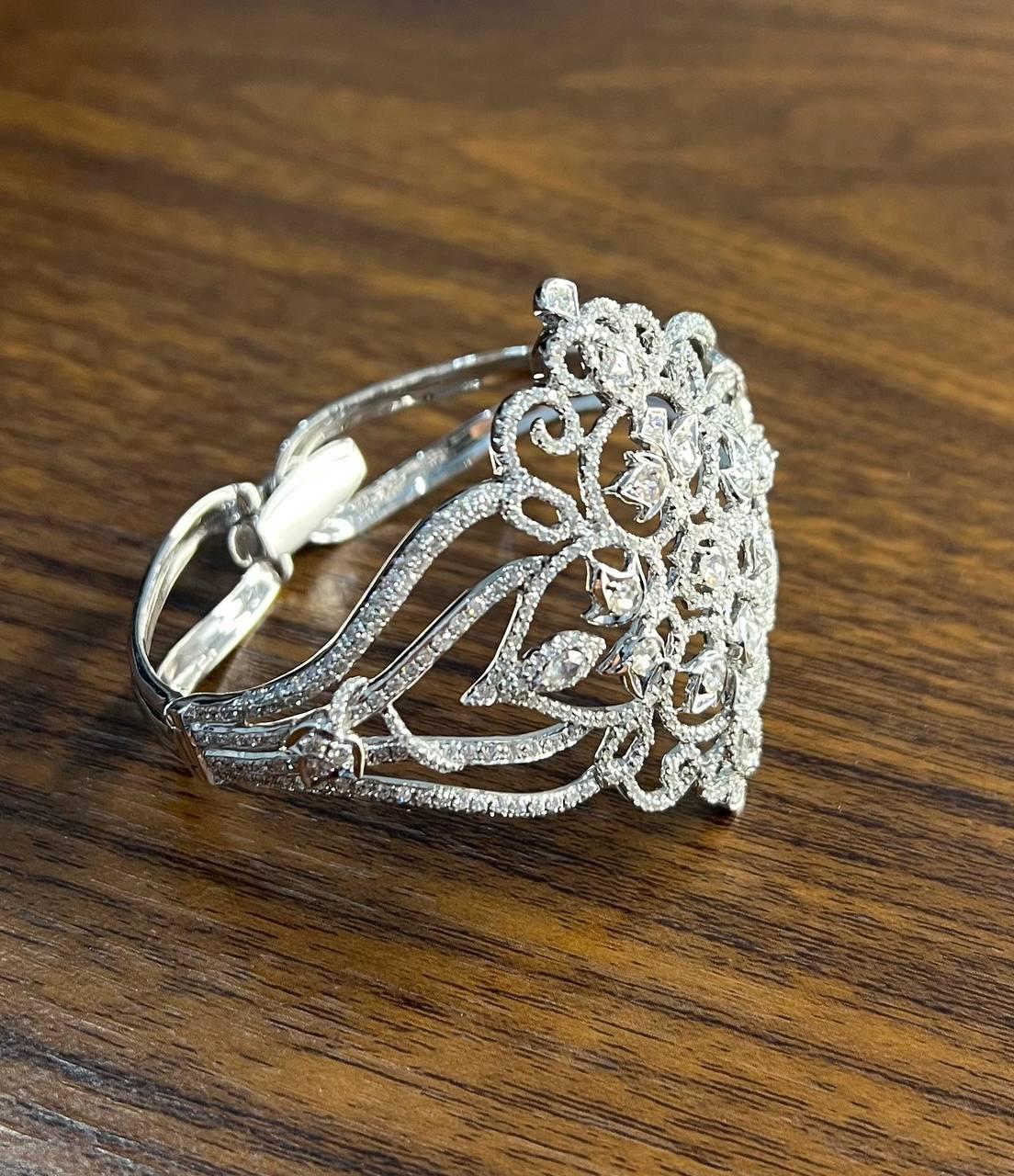 Diamonds Scroll Symbol Motifs Emblem 18K White Gold Statement Bangle Bracelet