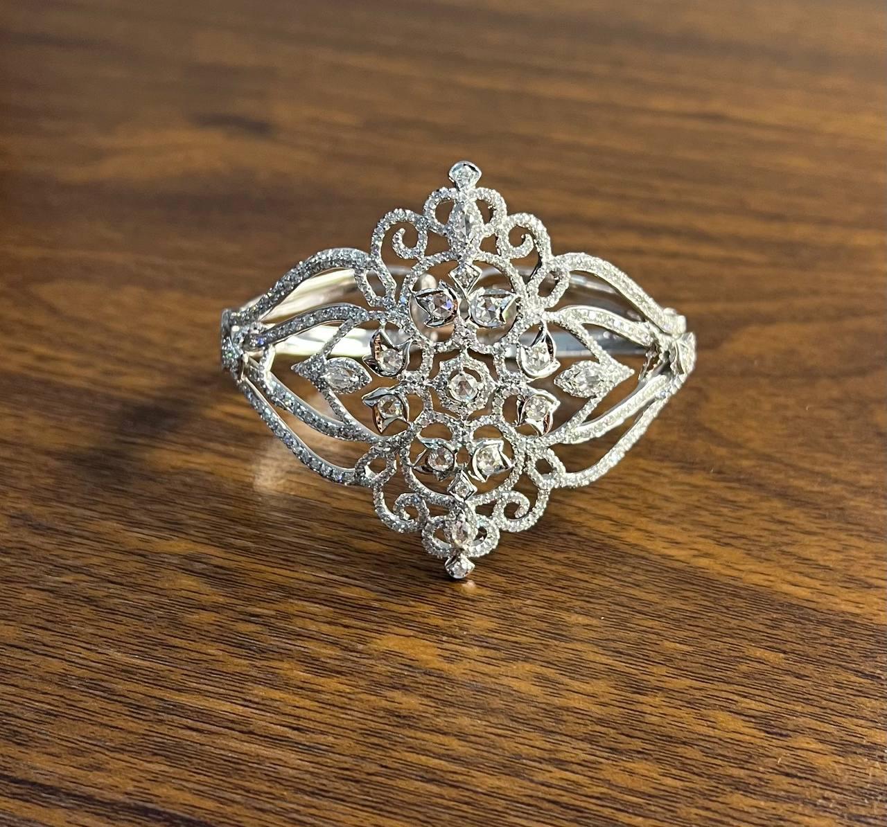 Diamonds Scroll Symbol Motifs Emblem 18K White Gold Statement Bangle Bracelet