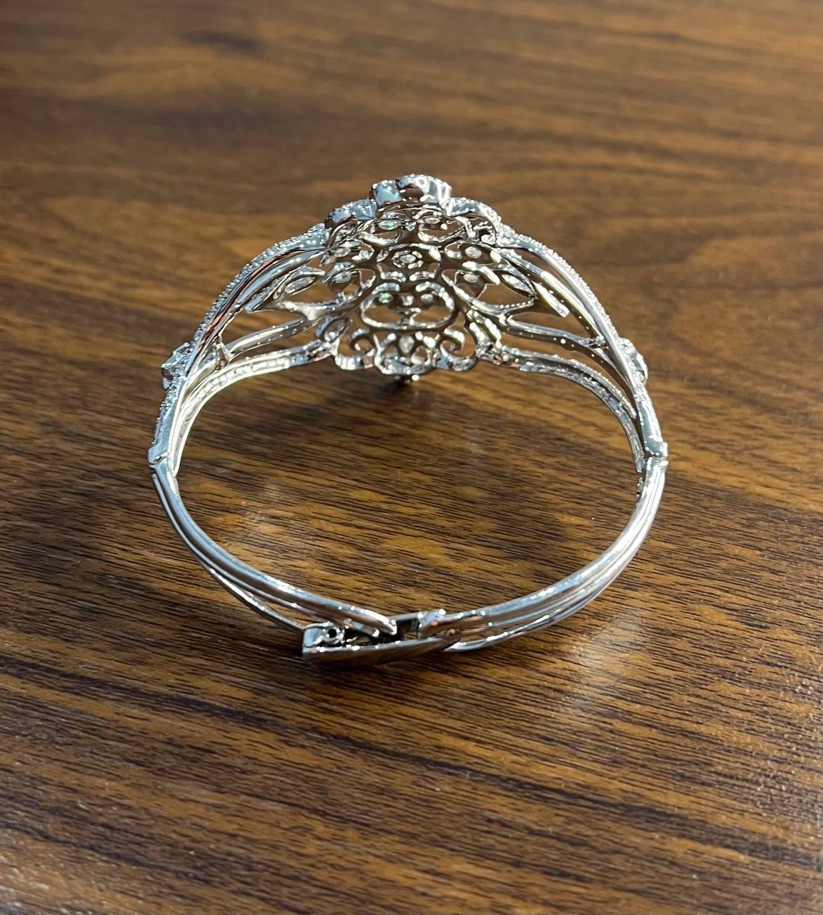 Diamonds Scroll Symbol Motifs Emblem 18K White Gold Statement Bangle Bracelet