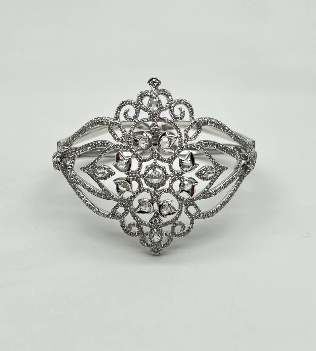 Diamonds Scroll Symbol Motifs Emblem 18K White Gold Statement Bangle Bracelet