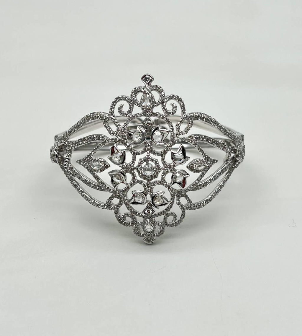 Diamonds Scroll Symbol Motifs Emblem 18K White Gold Statement Bangle Bracelet