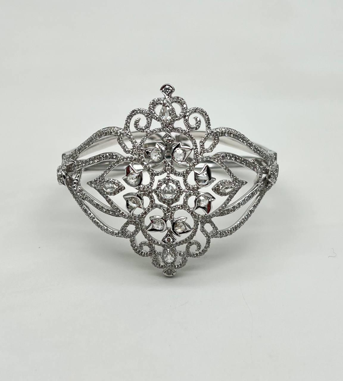 Diamonds Scroll Symbol Motifs Emblem 18K White Gold Statement Bangle Bracelet