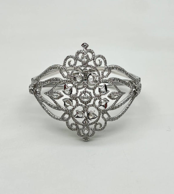 Diamonds Scroll Symbol Motifs Emblem 18K White Gold Statement Bangle Bracelet
