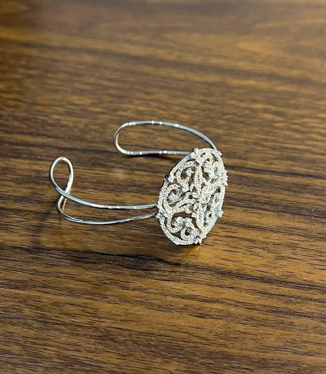 Diamonds Scroll Symbol Motifs Emblem 18K White Gold Statement Bangle Bracelet