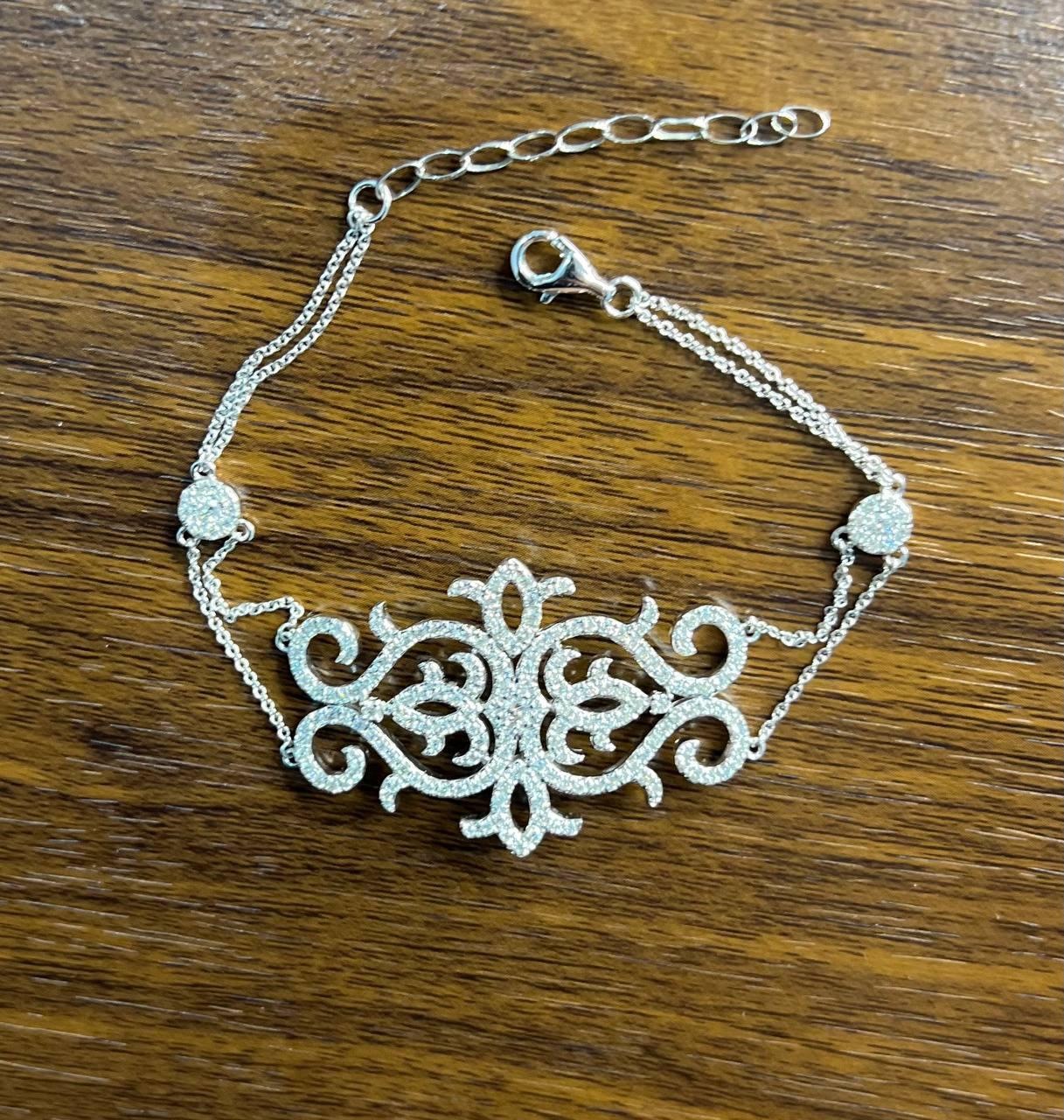 Diamonds Scroll Symbol Motifs Emblem 18K White Gold Statement Chain Bracelet