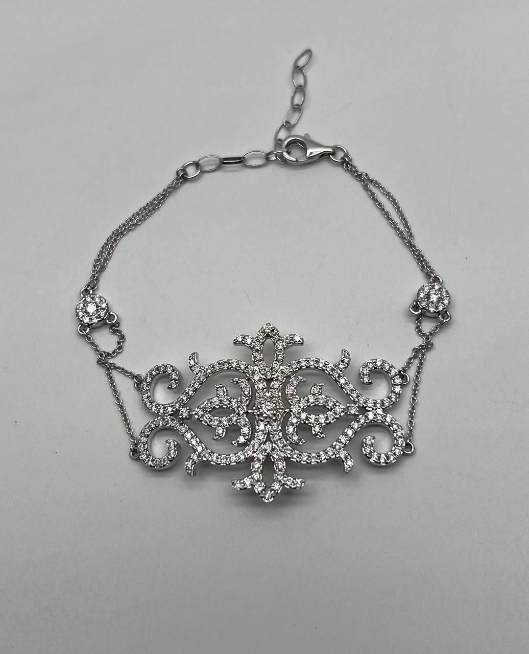 Diamonds Scroll Symbol Motifs Emblem 18K White Gold Statement Chain Bracelet