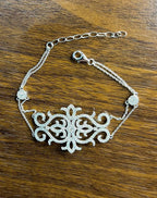 Diamonds Scroll Symbol Motifs Emblem 18K White Gold Statement Chain Bracelet