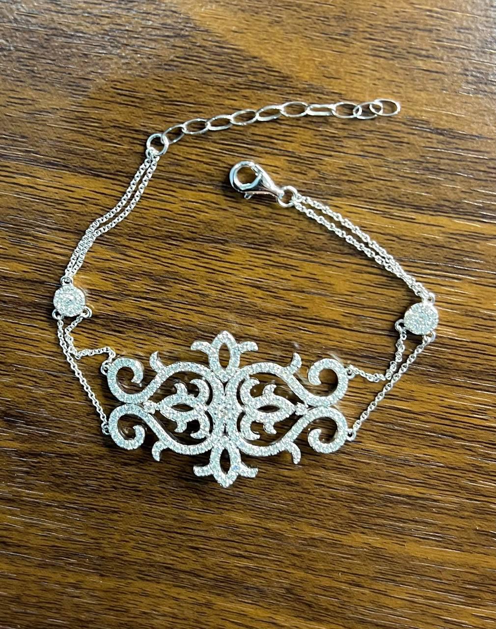 Diamonds Scroll Symbol Motifs Emblem 18K White Gold Statement Chain Bracelet