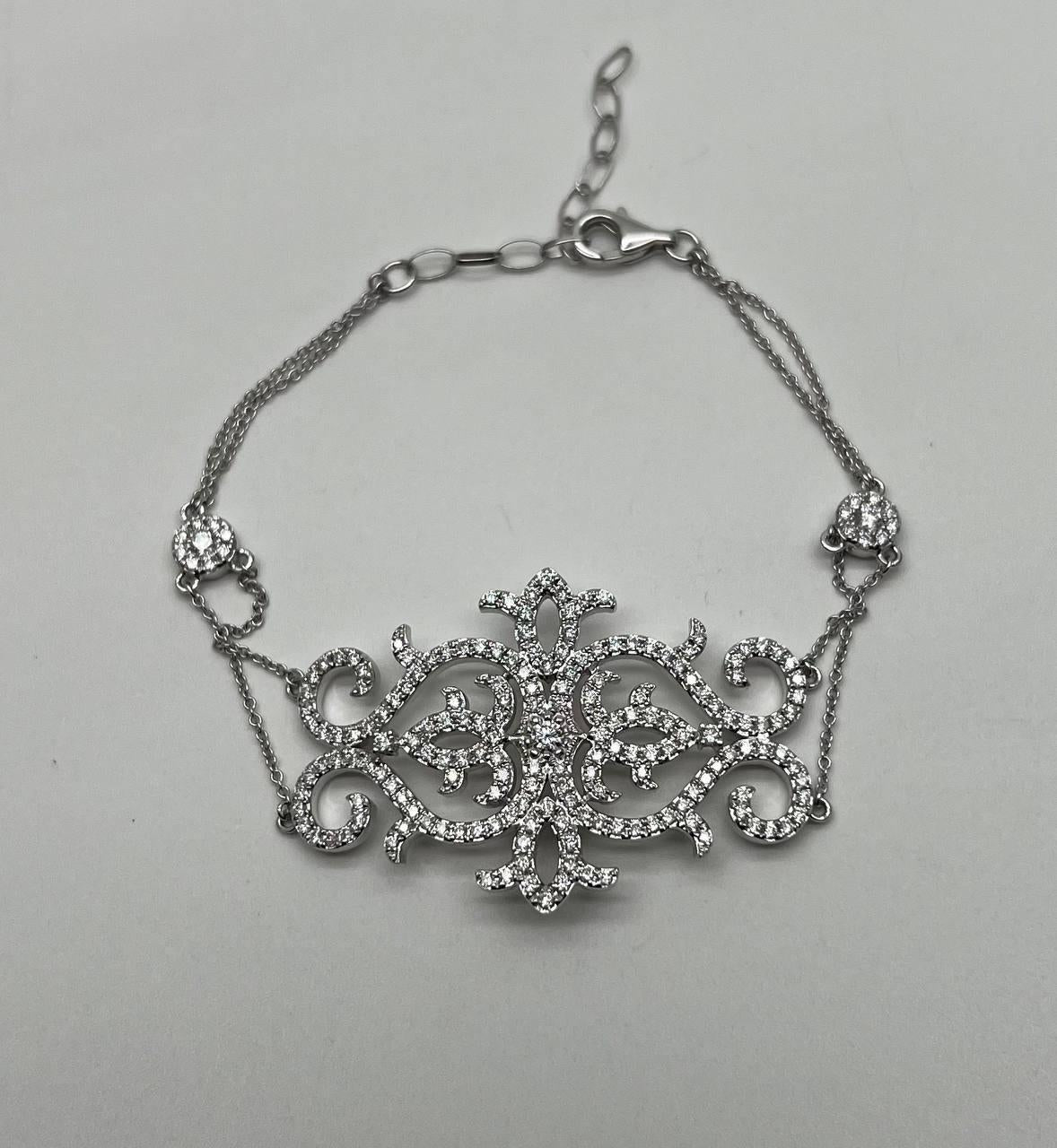 Diamonds Scroll Symbol Motifs Emblem 18K White Gold Statement Chain Bracelet