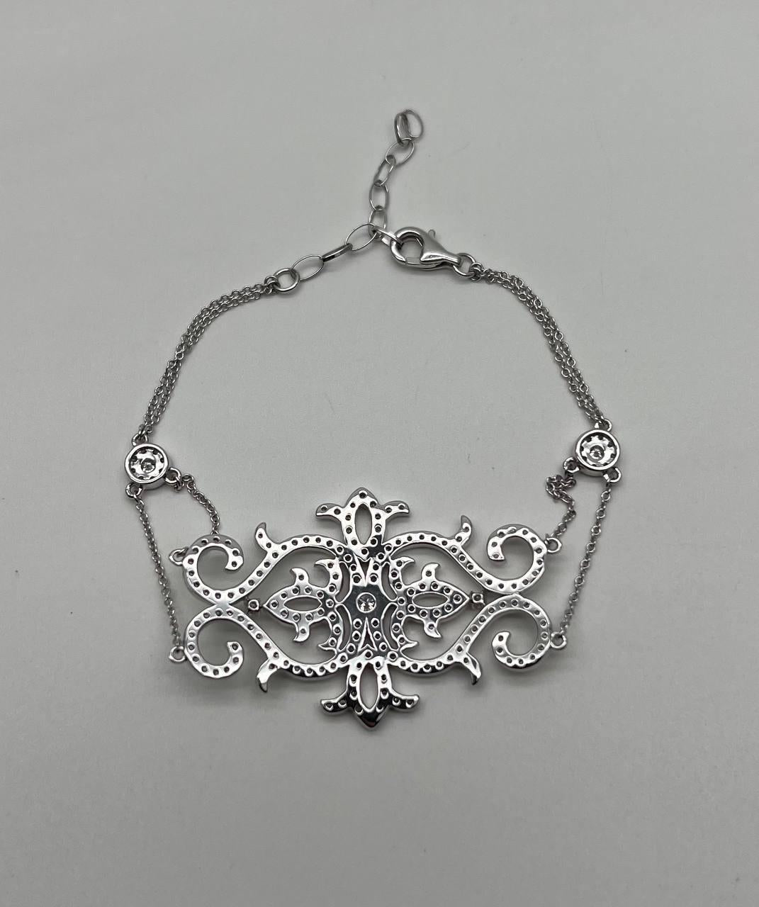 Diamonds Scroll Symbol Motifs Emblem 18K White Gold Statement Chain Bracelet