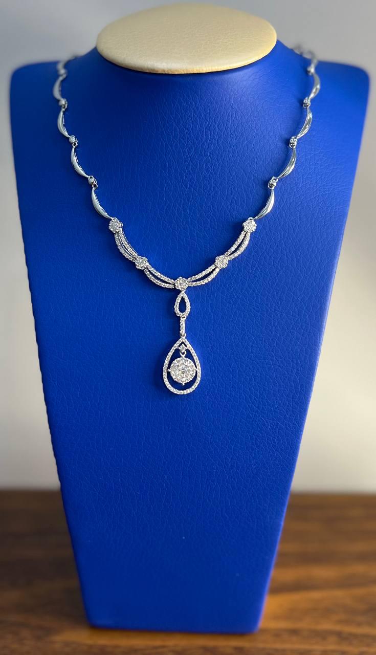 Princess Bib Style Diamond Statement 18K White Gold Pendant Lariat Necklace