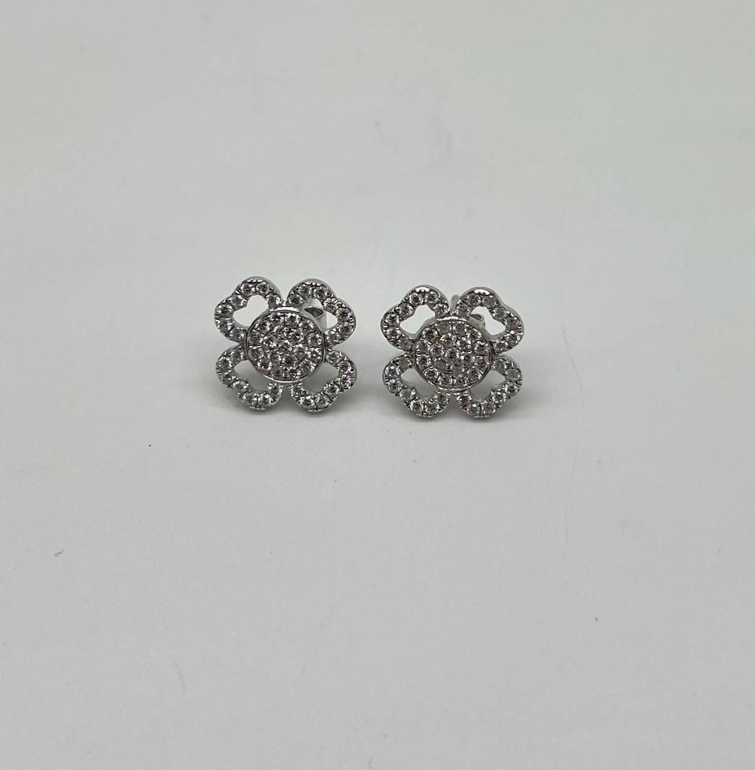 Diamond Pave Set Lucky Clover Charm Halo 18K White Gold Stud Statement Earrings