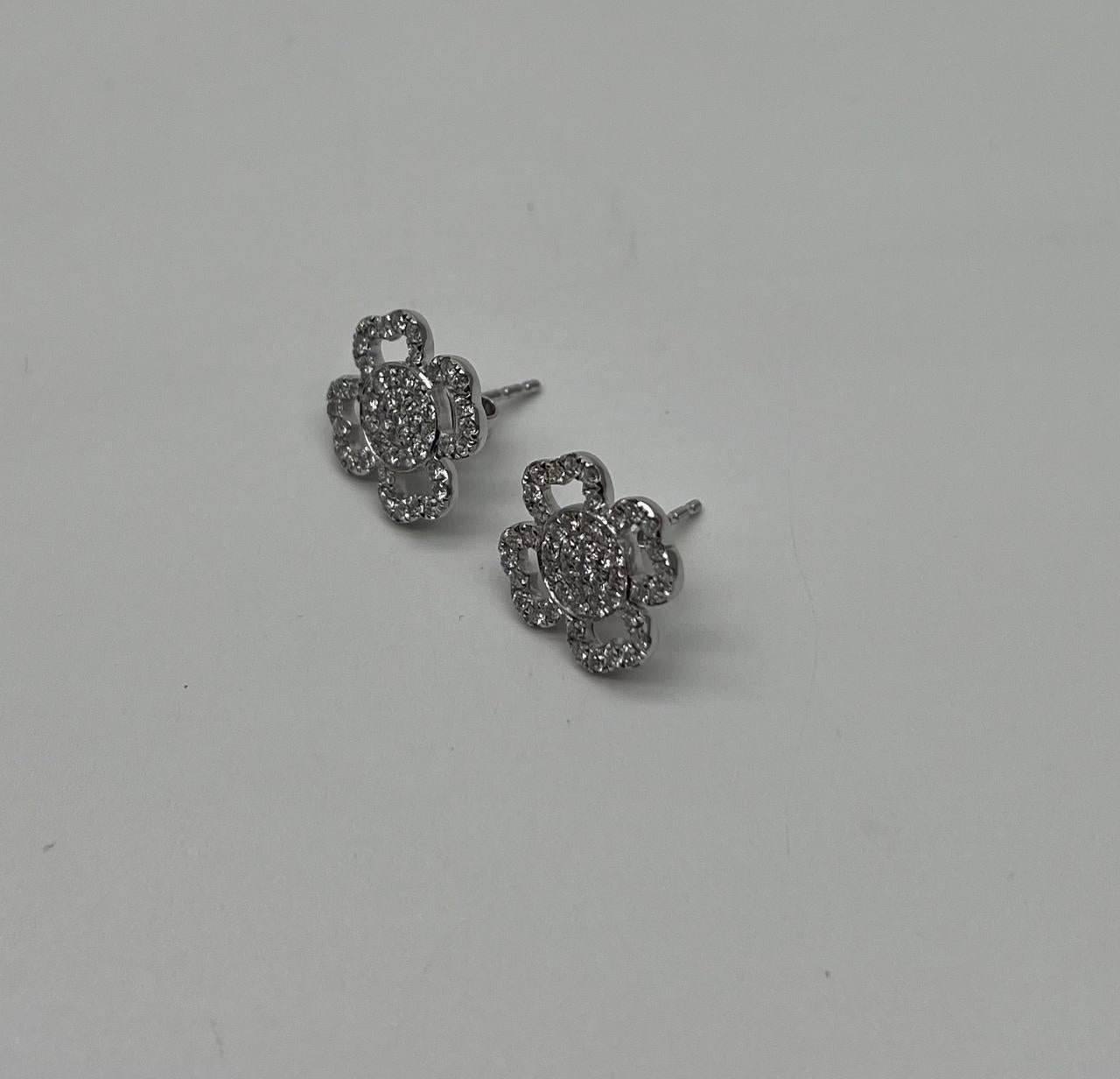 Diamond Pave Set Lucky Clover Charm Halo 18K White Gold Stud Statement Earrings