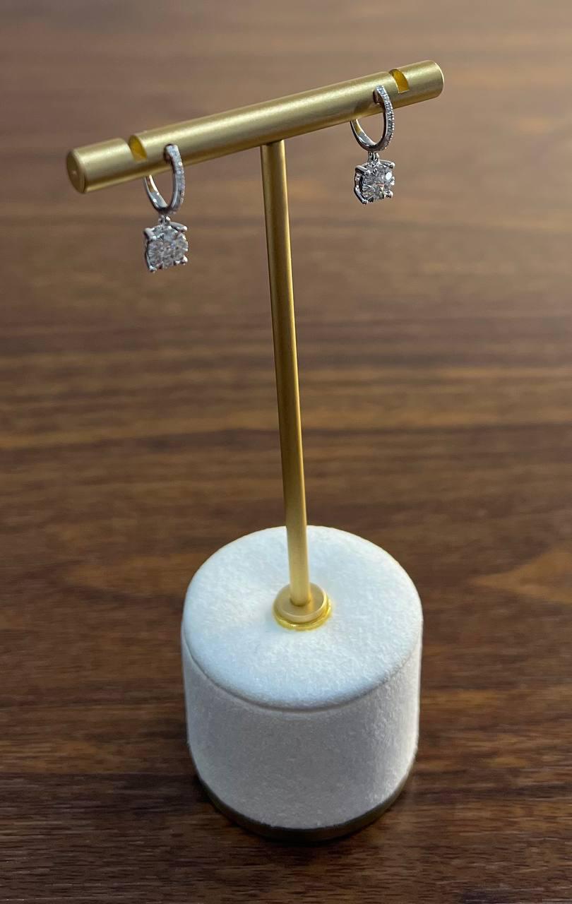 Diamonds Round Shape Pave Set Cluster Halo 14K White Gold Huggie Earrings