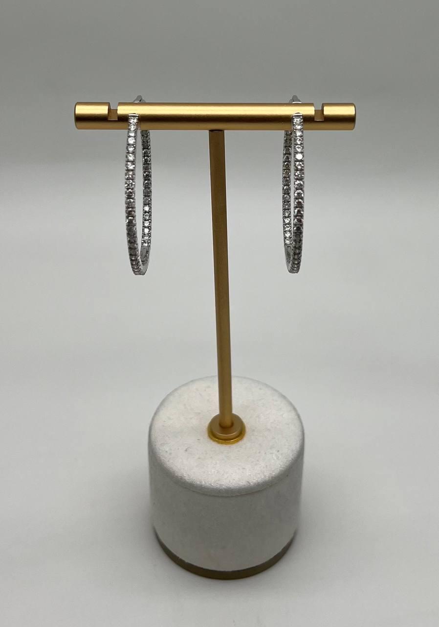 Classic Round Diamond Brilliant Cut 14K White Gold Medium Hoop Large Earrings