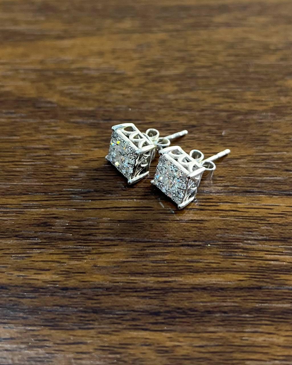 Diamond Square Shape Cluster Pave Set Halo Set 14K White Gold Stud Earrings
