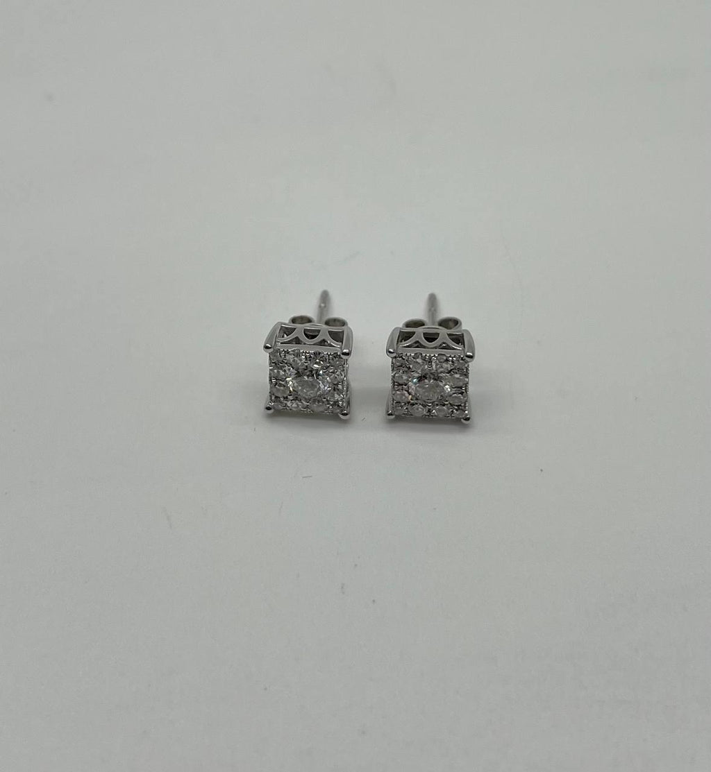 Diamond Square Shape Cluster Pave Set Halo Set 14K White Gold Stud Earrings
