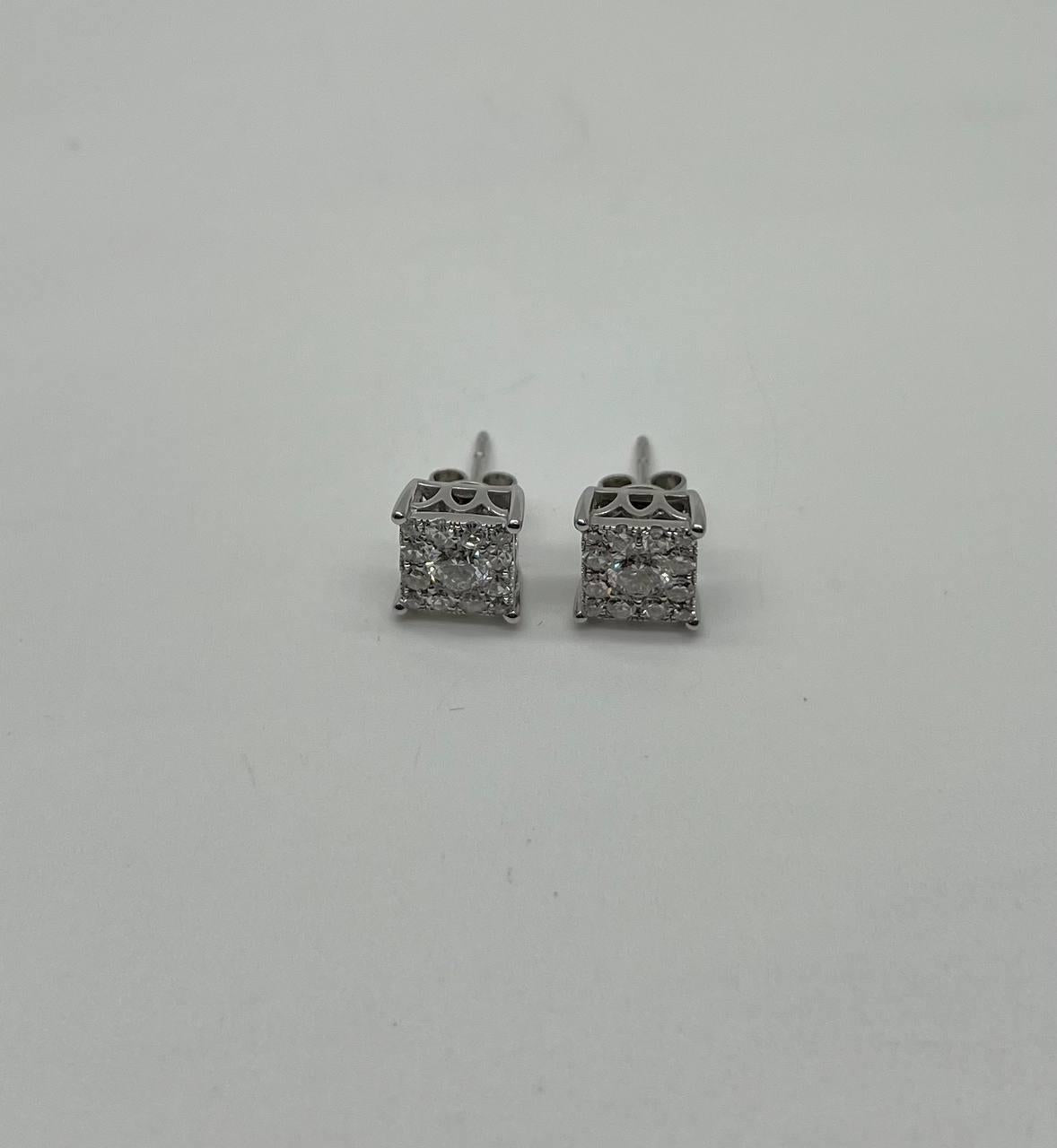 Diamond Square Shape Cluster Pave Set Halo Set 14K White Gold Stud Earrings