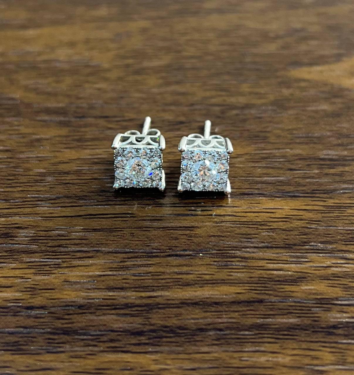 Diamond Square Shape Cluster Pave Set Halo Set 14K White Gold Stud Earrings