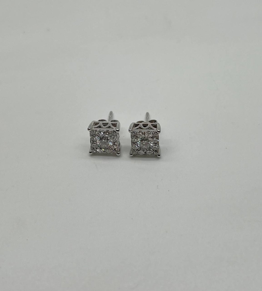 Diamond Square Shape Cluster Pave Set Halo Set 14K White Gold Stud Earrings