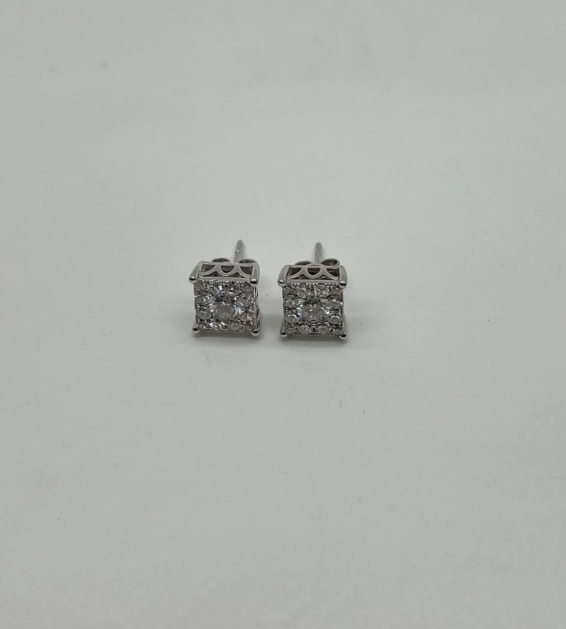 Diamond Square Shape Cluster Pave Set Halo Set 14K White Gold Stud Earrings