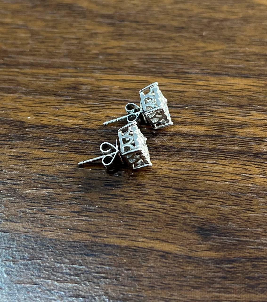 Diamond Square Shape Cluster Pave Set Halo Set 14K White Gold Stud Earrings