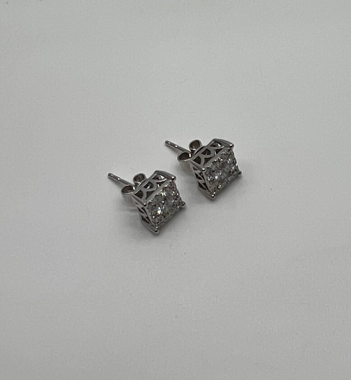 Diamond Square Shape Cluster Pave Set Halo Set 14K White Gold Stud Earrings