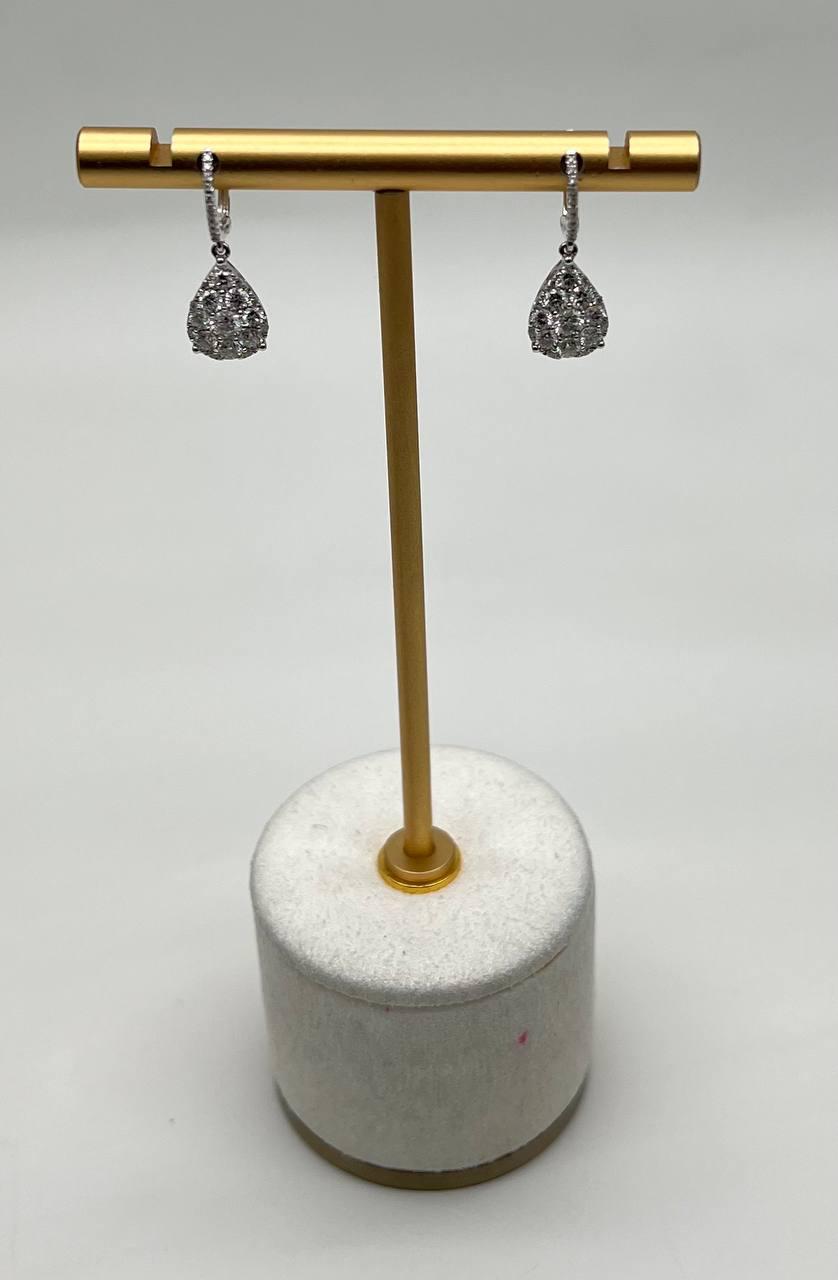 Pear Teardrop Shape Pave Hidden Halo Cluster Set 14K White Gold Dangle Earrings