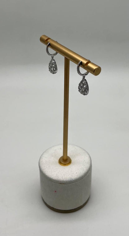 Pear Teardrop Shape Pave Hidden Halo Cluster Set 14K White Gold Dangle Earrings
