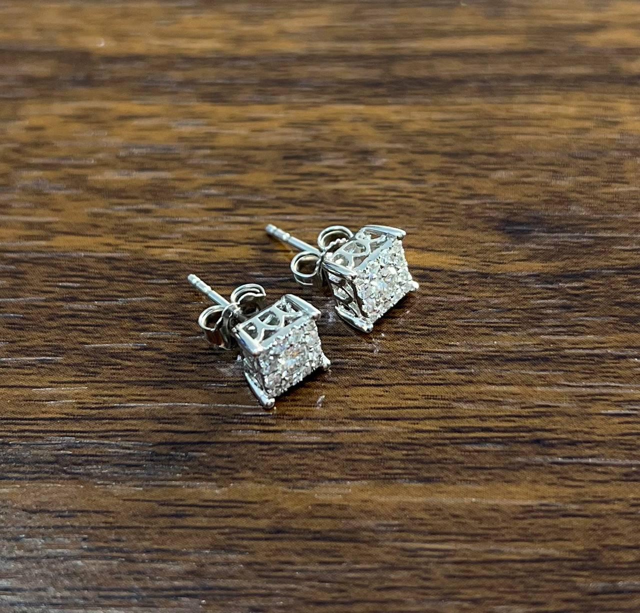 Diamond Square Shape Cluster Pave Set Halo Set 14K White Gold Stud Earrings