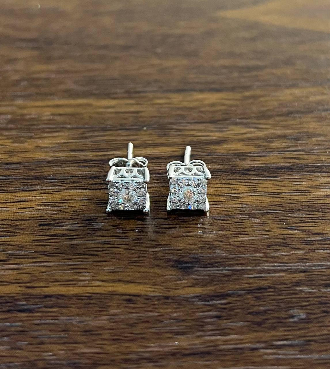 Diamond Square Shape Cluster Pave Set Halo Set 14K White Gold Stud Earrings