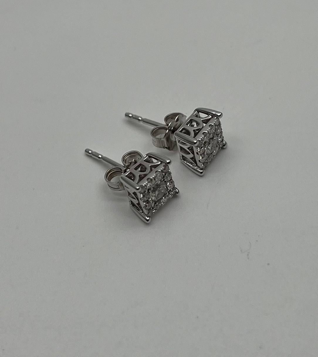Diamond Square Shape Cluster Pave Set Halo Set 14K White Gold Stud Earrings