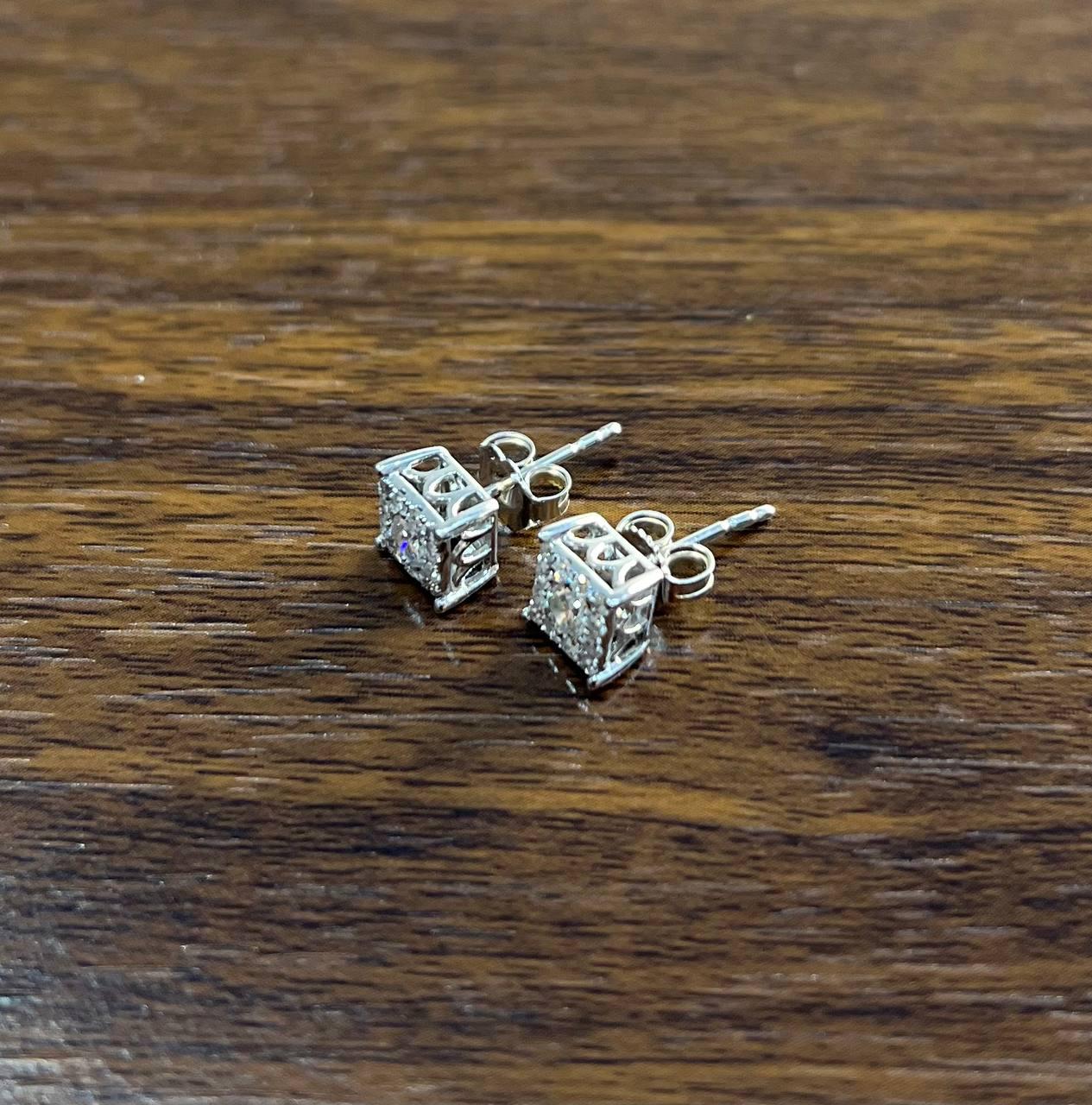 Diamond Square Shape Cluster Pave Set Halo Set 14K White Gold Stud Earrings