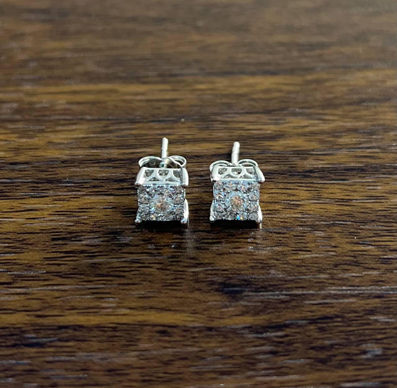 Diamond Square Shape Cluster Pave Set Halo Set 14K White Gold Stud Earrings