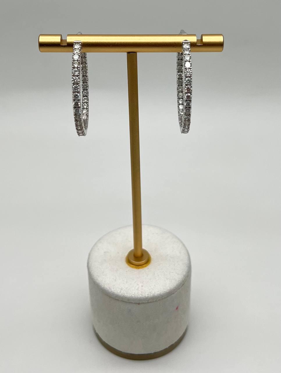 Classic Round Diamond Brilliant Cut 14K White Gold Medium Hoop Large Earrings