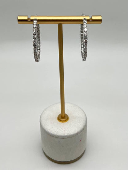 Classic Round Diamond Brilliant Cut 14K White Gold Medium Hoop Large Earrings