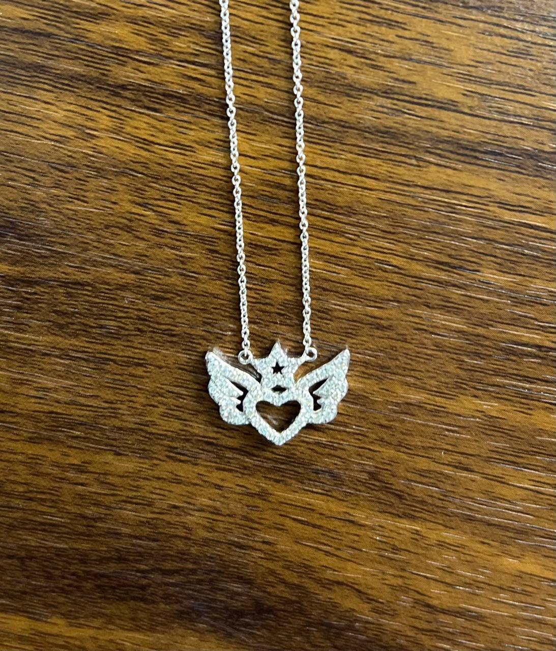 Heart Angle Wings Star Diamond Halo Set 18K White Gold Chain Pendant Necklace