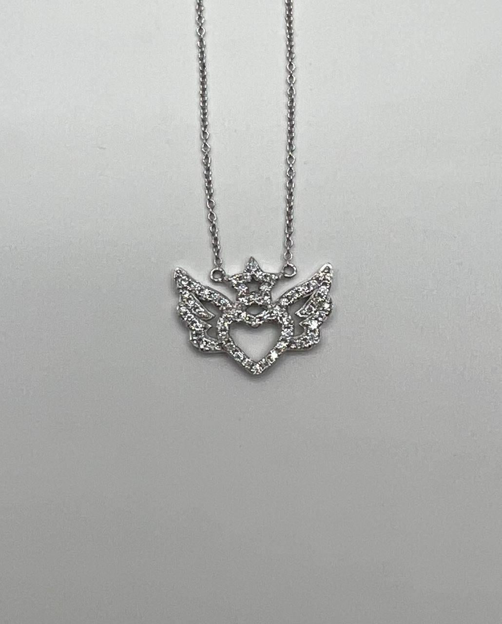 Heart Angle Wings Star Diamond Halo Set 18K White Gold Chain Pendant Necklace